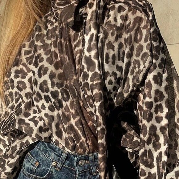 Multicolor Casual Women's Leopard Print Tie Neck Long Sleeve Loose Shirt - Picture 3 of 3